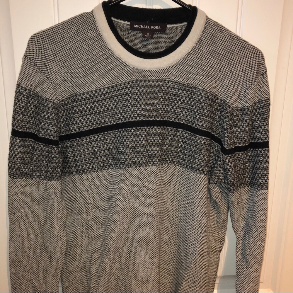 Michael Kors Sweater Mens sz M Striped Black White Gray Authentic
